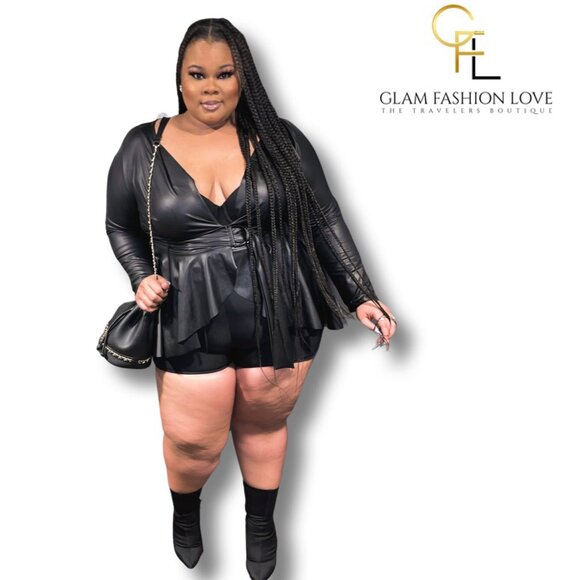 Black Faux Leather Plus Size Asymmetrical Top - Picture 1 of 3